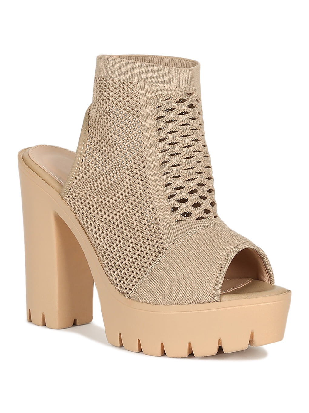 Mesh knit peep sale toe chunky platform booties