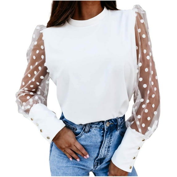 Women Mesh Long Sleeve Shirts Elegant Layering Tops Polka Dot Mock Neck Pullover Business Work Tees