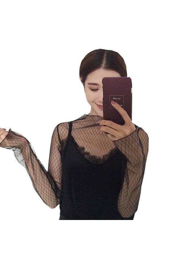 Women Mesh Long Sleeve Tops Hot Sexy Transparent High Neck Black Lace Bottoming Shirts Punk Chic T Shirt