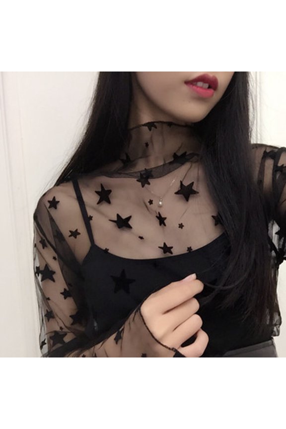 Women Mesh Long Sleeve Tops Hot Sexy Transparent High Neck Black Lace Bottoming Shirts Punk Chic T Shirt