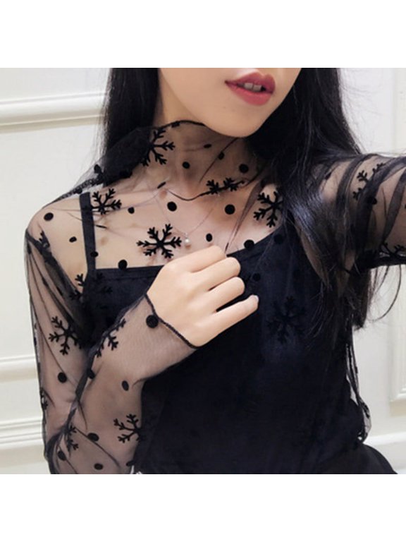 Women Mesh Long Sleeve Tops Hot Sexy Transparent High Neck Black Lace Bottoming Shirts Punk Chic T Shirt