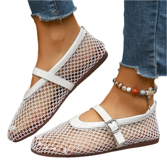 Women Mesh Mary Jane Flats Hollow Breathable Comfy Ballerina Flat Shoes Buckle Strap Lightweight Casual Business Mary Jane