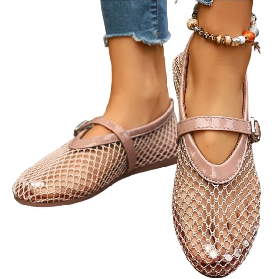 Women Mesh Mary Jane Flats Hollow Breathable Comfy Ballet Flats Shoes Buckle Strap Lightweight Daily Casual Business Dress Shoes