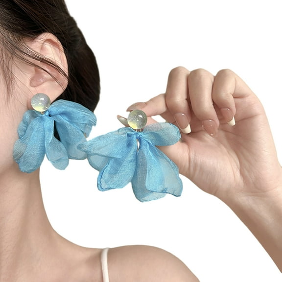 Women Mesh Petal Drop Earrings Handmade Large Chiffon Floral Dangle Earrings Vintage Stud Earrings for Vacation Wedding