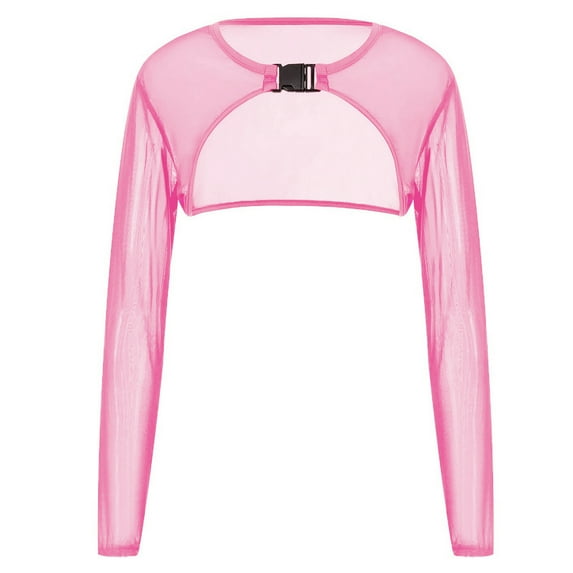 Women Mesh See Through Long Sleeve T-Shirts Rave Party Crop Top Buckle Open Front Sheer Shrug Cover Up Jackets Clubwear