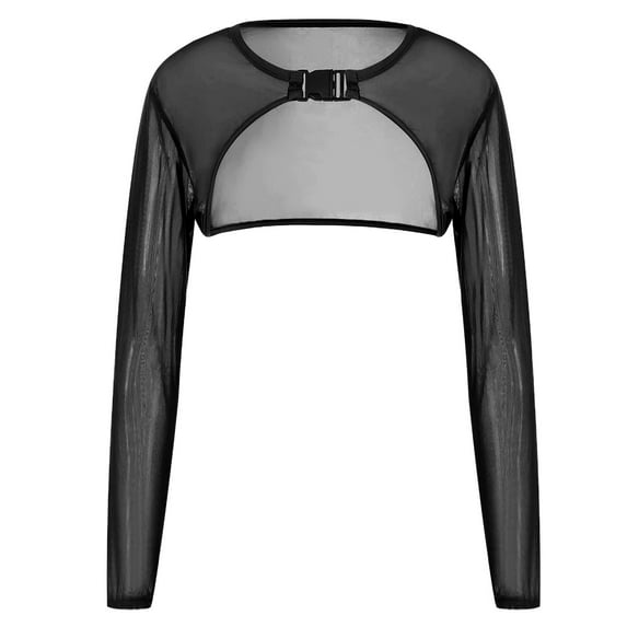 Women Mesh See Through Long Sleeve T-Shirts Rave Party Crop Top Buckle Open Front Sheer Shrug Cover Up Jackets Clubwear