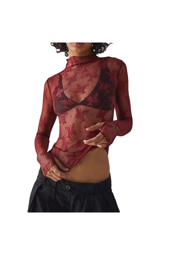 Women Mesh See-Through Mock Neck Lace Shirts Spring Fall Slim Fit Tops Streetwear