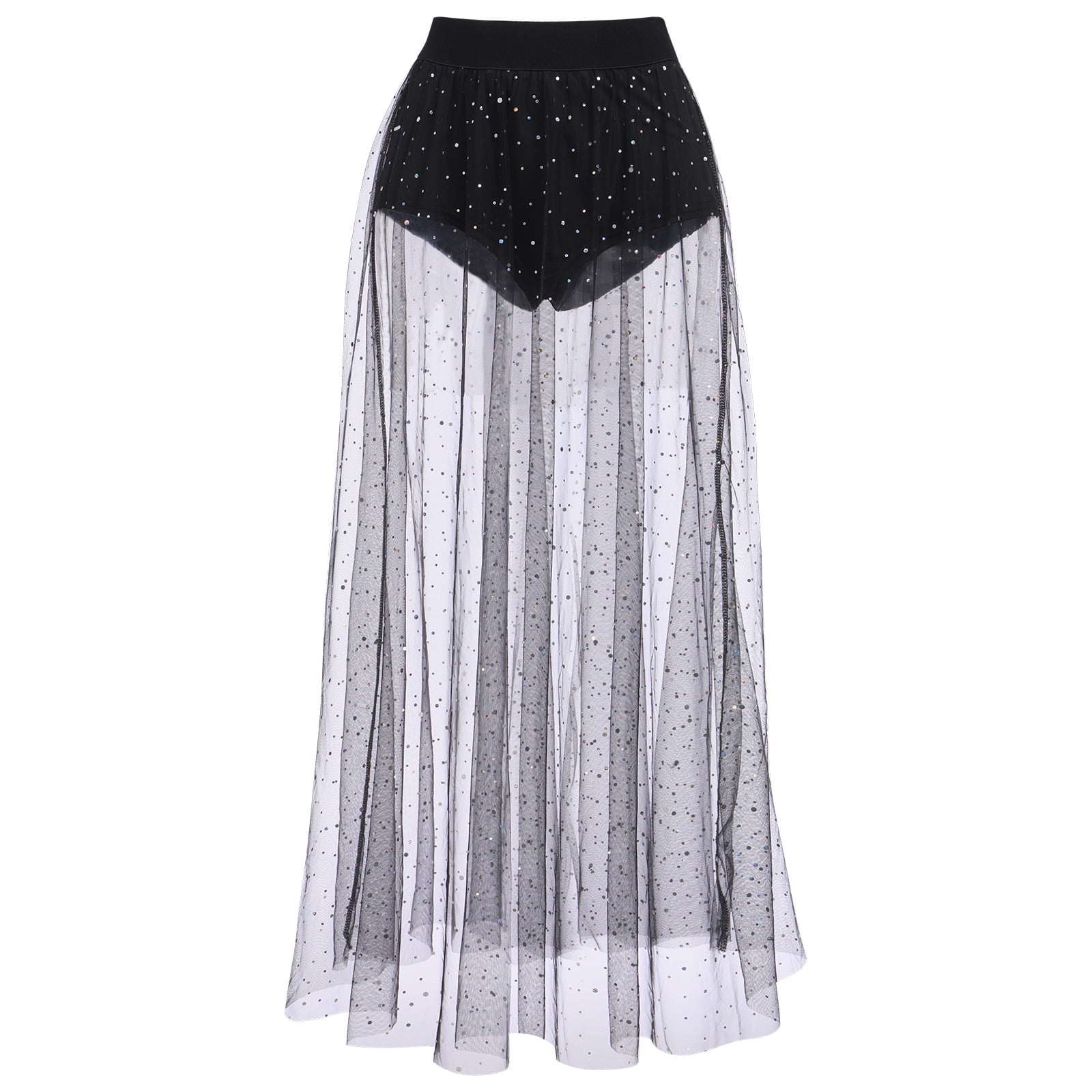 Women Mesh Sheer 2 in 1 High Waist Glitter Sparkly Galaxy