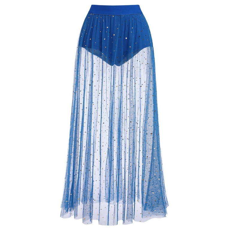 Women Mesh Sheer in High Waist Glitter Sparkly Galaxy Print A