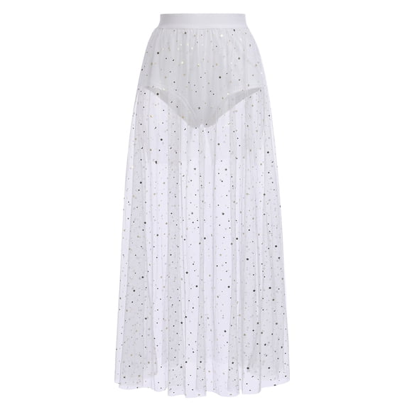 Women Mesh Sheer 2 in 1 High Waist Glitter Sparkly Galaxy Print A Line Maxi Skirt Beach Swimwear Cover up Music Festival Halloween Skirt S White