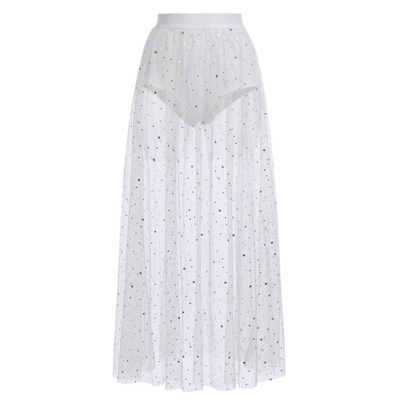 Women Mesh Sheer 2 in 1 High Waist Glitter Sparkly Galaxy Print A Line Maxi Skirt Beach Swimwear Cover up Music Festival Halloween Skirt XL White
