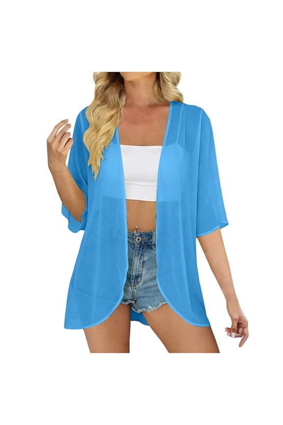 Women Mesh Sheer Beach Wear Cover Up Open Front Chiffon Kimono Cardigan Summer Casual Boho Coverup Tops
