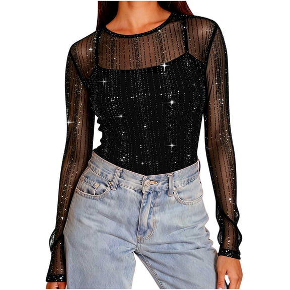 Women Mesh Sheer Long Sleeve Shirts Sparkly Rhinestone Crewneck See Through Tshirts Casual Loose Lightweight Fall Winter Tops