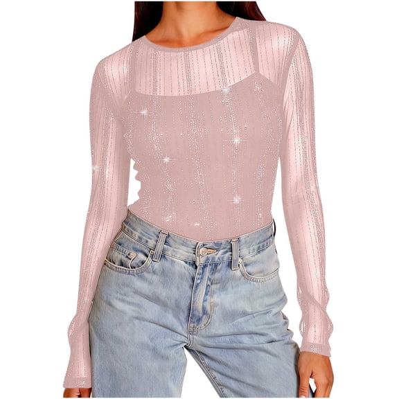 Women Mesh Sheer Long Sleeve Shirts Sparkly Rhinestone Crewneck See Through Tshirts Casual Loose Lightweight Fall Winter Tops
