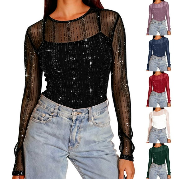 Women Mesh Sheer Long Sleeve Shirts Sparkly Rhinestone Crewneck See Through Tshirts Casual Loose Lightweight Fall Winter Tops