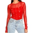 thumbnail image 1 of Women Mesh Sheer Long Sleeve Shirts Sparkly Rhinestone Crewneck See Through Tshirts Casual Loose Lightweight Fall Winter Tops, 1 of 5