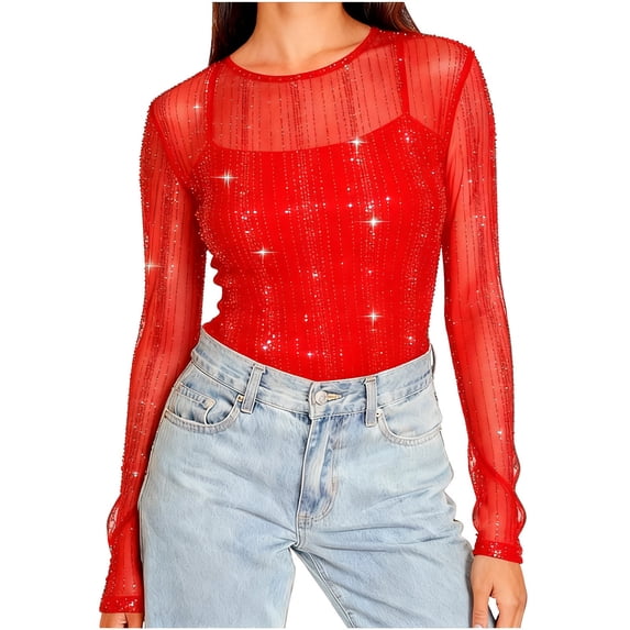 Women Mesh Sheer Long Sleeve Shirts Sparkly Rhinestone Crewneck See Through Tshirts Casual Loose Lightweight Fall Winter Tops