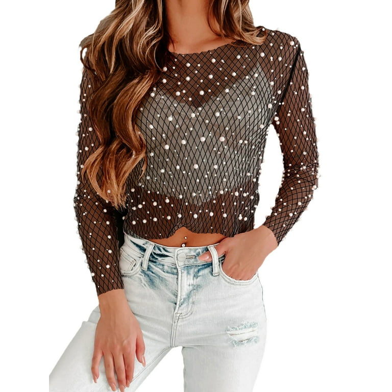 WMNS Long Sleeve Semi Sheer Top with Floral Lace (Panties Included) - Black