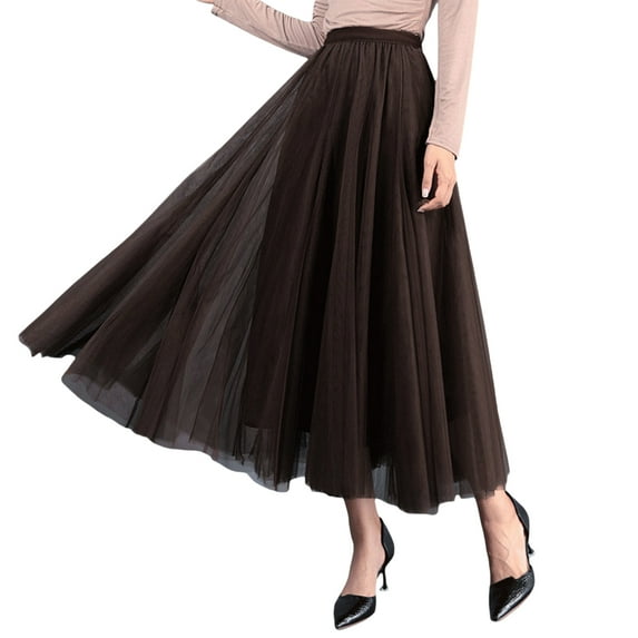 Women Mesh Skirt Solid Multilayer Pleated High Waist Lace Long Tulle Skirts for Wedding Party