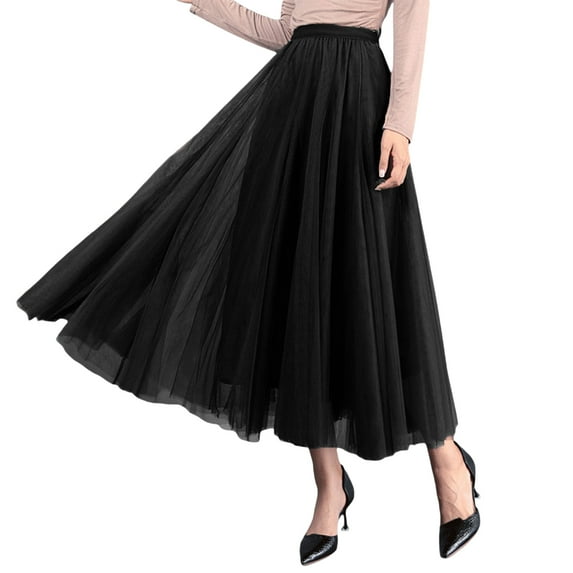 Women Mesh Skirt Solid Multilayer Pleated High Waist Lace Long Tulle Skirts for Wedding Party