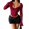 thumbnail image 1 of Women Mesh Top Lace Crop Top Long Sleeve Sheer Blouse Y2K Mesh Shirts Going Out Tops Club Outfits Wine Red L, 1 of 10