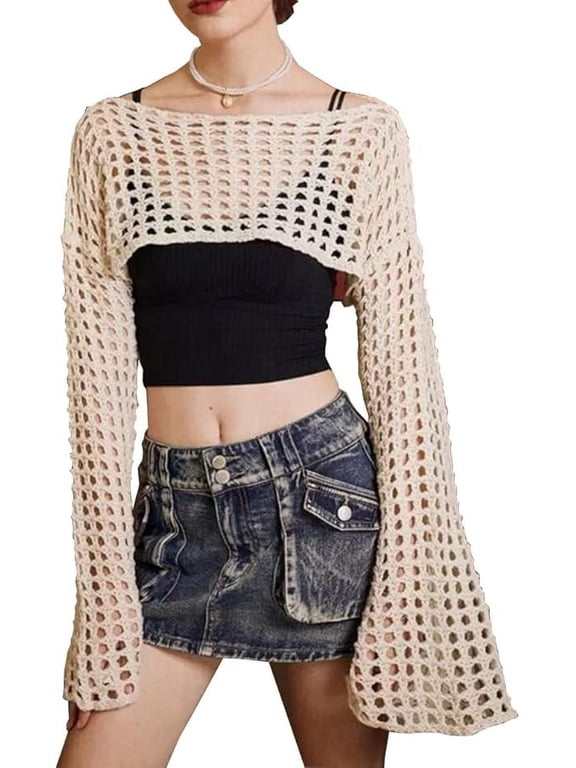 Women Mesh Top Long Sleeve Y2k Crop Tops Crochet Shawl See Through Fishnet Shrug Knit Bolero Sweater Bikini Cover Ups L