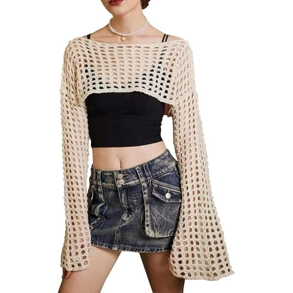Women Mesh Top Long Sleeve Y2k Crop Tops Crochet Shawl See Through Fishnet Shrug Knit Bolero Sweater Bikini Cover Ups S