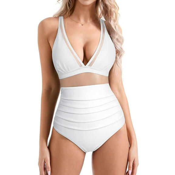 Women Mesh Tummy Control Swimsuit Push Up High Waisted Bathing Suit White L