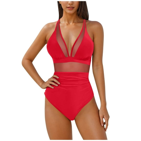 Women Mesh V-Neck Swimsuit Tummy Ruched Swimwear Push up High Waisted Backless Bathing Suit One-Piece Swimsuit Lady Modest XL
