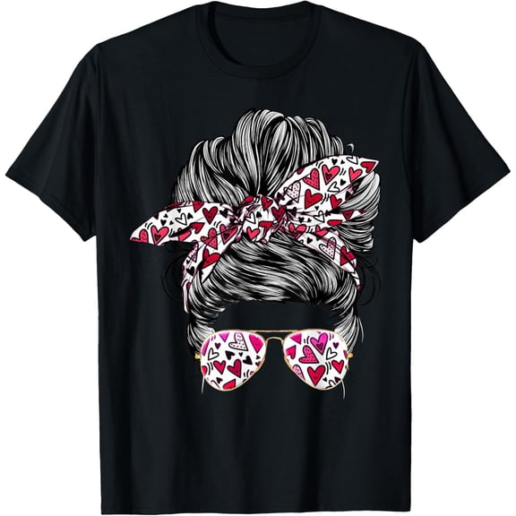 Women Messy Bun Hair Hearts Valentine's Day Lunch Lady Life T-Shirt