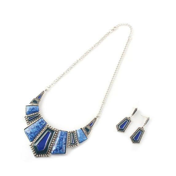 Women Metal Geometric Pendant Bib Chunky Chain Choker Necklace Earrings Blue Set