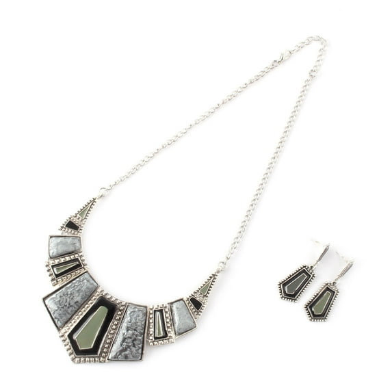 Women Metal Geometric Pendant Bib Statement Choker Necklace Earrings Gray Set