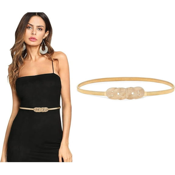 Women Metal Skinny Belt for Dress Gold Elastic Thin Waist Belt Stretch Dress Belt