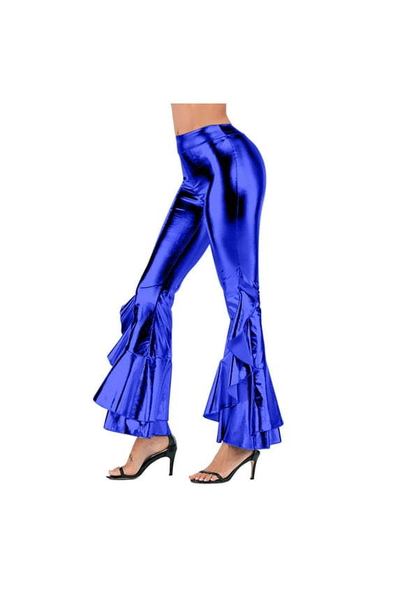 Women Metallic High Waist Irregular Flared Pants Shiny Sequins Bell Bottom 70s Disco Wet Look Stretchy Yoga Dance Wide Leg Palazzo