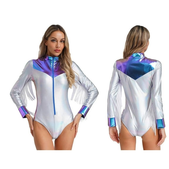 Women Metallic Latin Jazz Dance Bodysuit Long Sleeves Tassel Leotard Gymnastic Pole Dancing Stage Costume