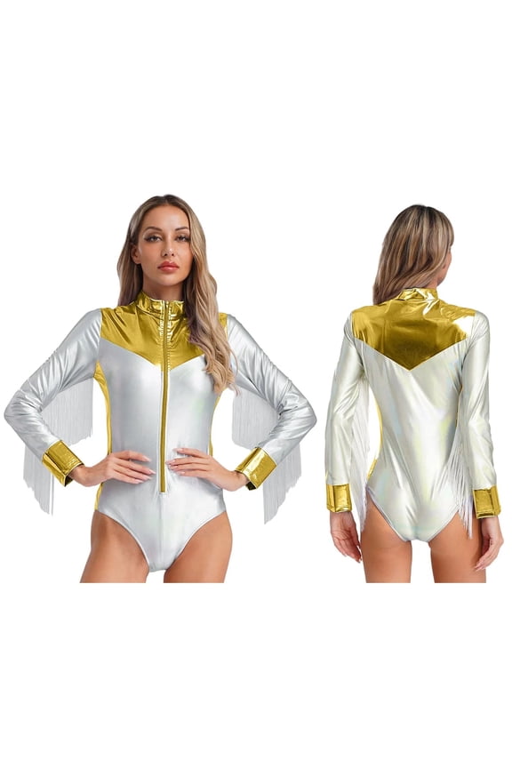 Women Metallic Latin Jazz Dance Bodysuit Long Sleeves Tassel Leotard Gymnastic Pole Dancing Stage Costume