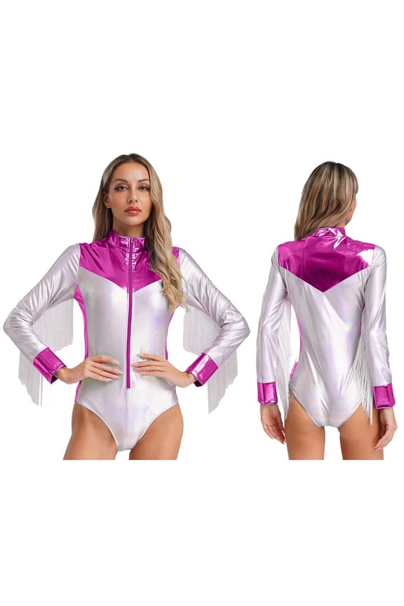 Women Metallic Latin Jazz Dance Bodysuit Long Sleeves Tassel Leotard Gymnastic Pole Dancing Stage Costume