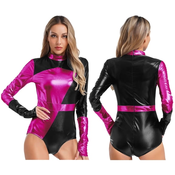 Women Metallic Party Pole Dancing Bodysuit Long Sleeves High Cut Racing Yoga Gym Jumpsuit With Arm Sleeves