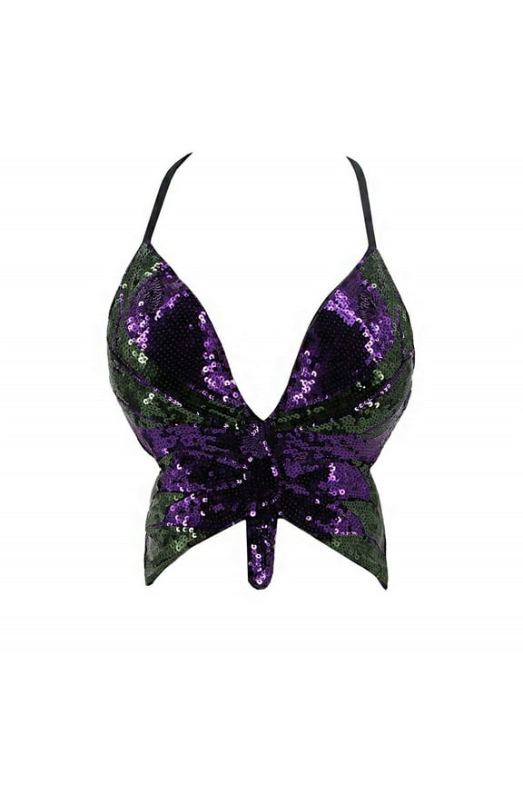 Women Metallic Sequin Tank Tops Shiny Backless Glitter Halter Sparkle Body Chain Bra Chainmail Sleeveless Rhinestone Cami Crop Rave,Purple Green,One Size