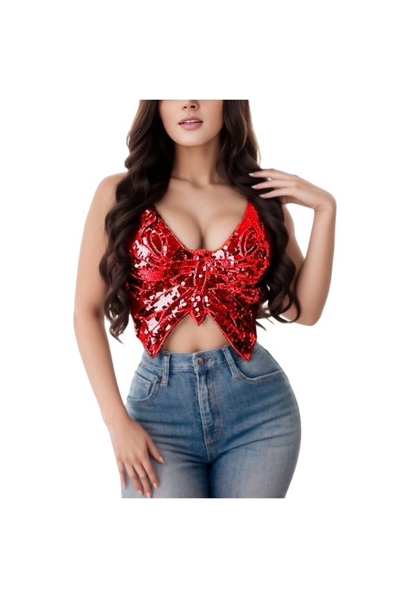 Women Metallic Sequin Tank Tops Shiny Backless Glitter Halter Sparkle Body Chain Bra Chainmail Sleeveless Rhinestone Cami Crop Rave,Red,One Size