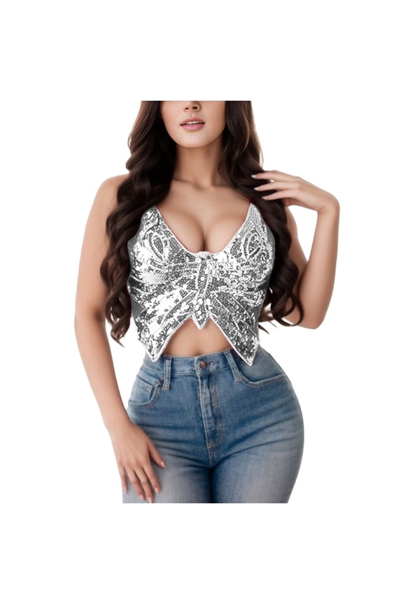 Women Metallic Sequin Tank Tops Shiny Backless Glitter Halter Sparkle Body Chain Bra Chainmail Sleeveless Rhinestone Cami Crop Rave,Silver,One Size