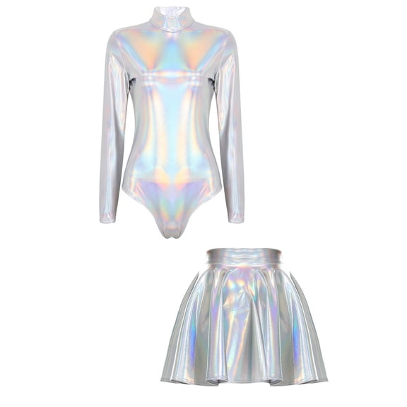 Women Metallic Shiny Glossy Outfit Long Sleeve Zipper Leotard With Flare Skirt For Party Pole Dancing