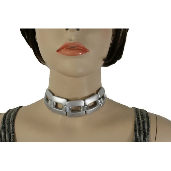 Women Metallic Silver Chunky Chain Links Short Sexy Choker Necklace Jewelry
