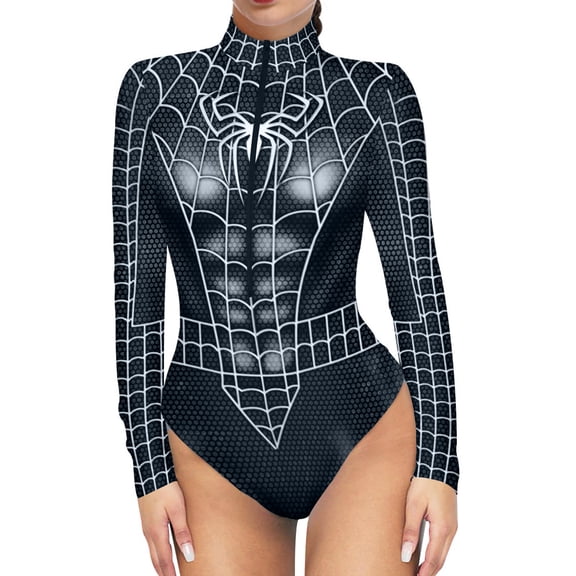 Women Metallic Superhero Cosplay Bodysuit Long Sleeve High Cut Sci-Fi Hero Jumpsuit for Party