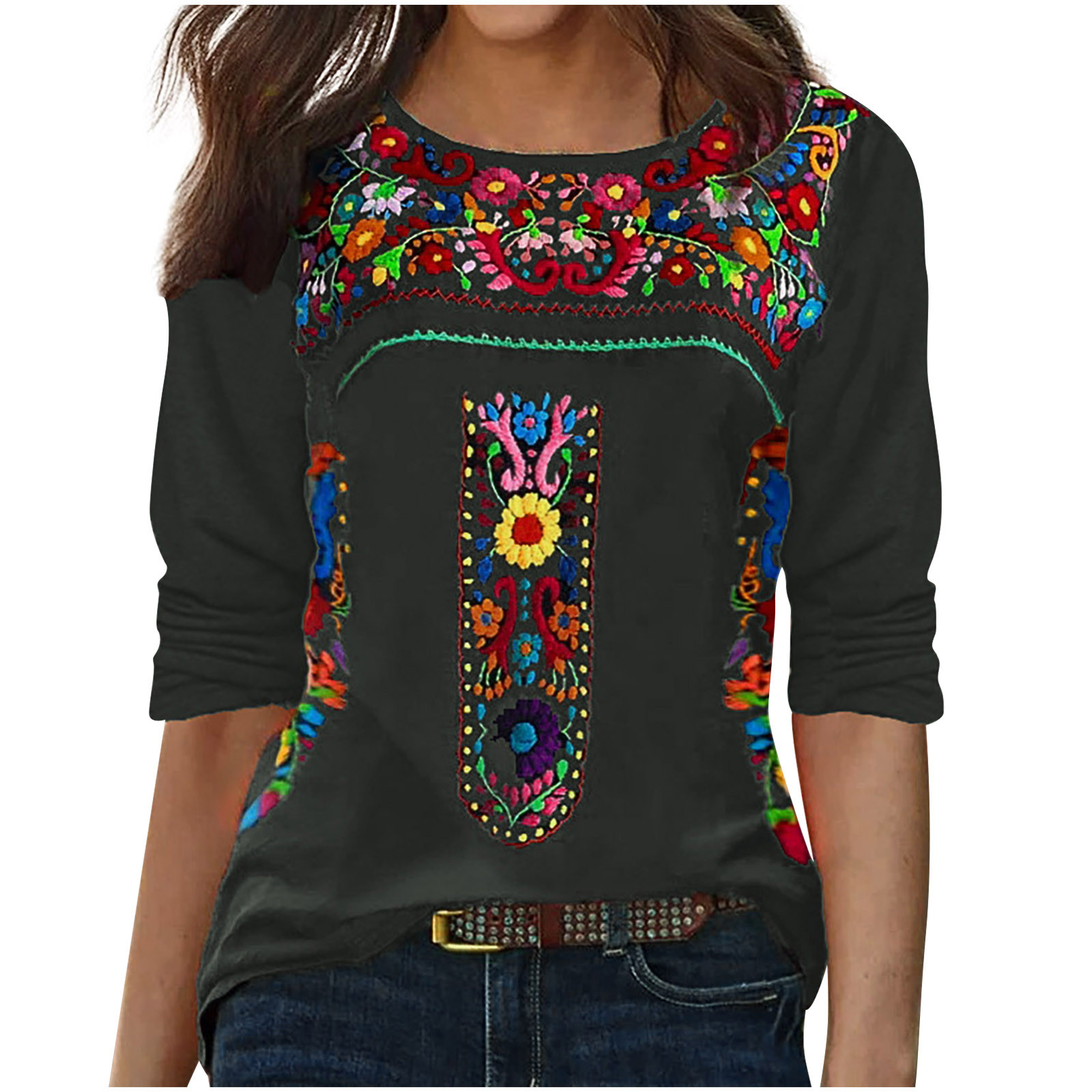 YZHM Women s Mexican Embroidered Long Sleeve Tunic Tops Boho Casual T Shirts for Fall and Spring Walmart