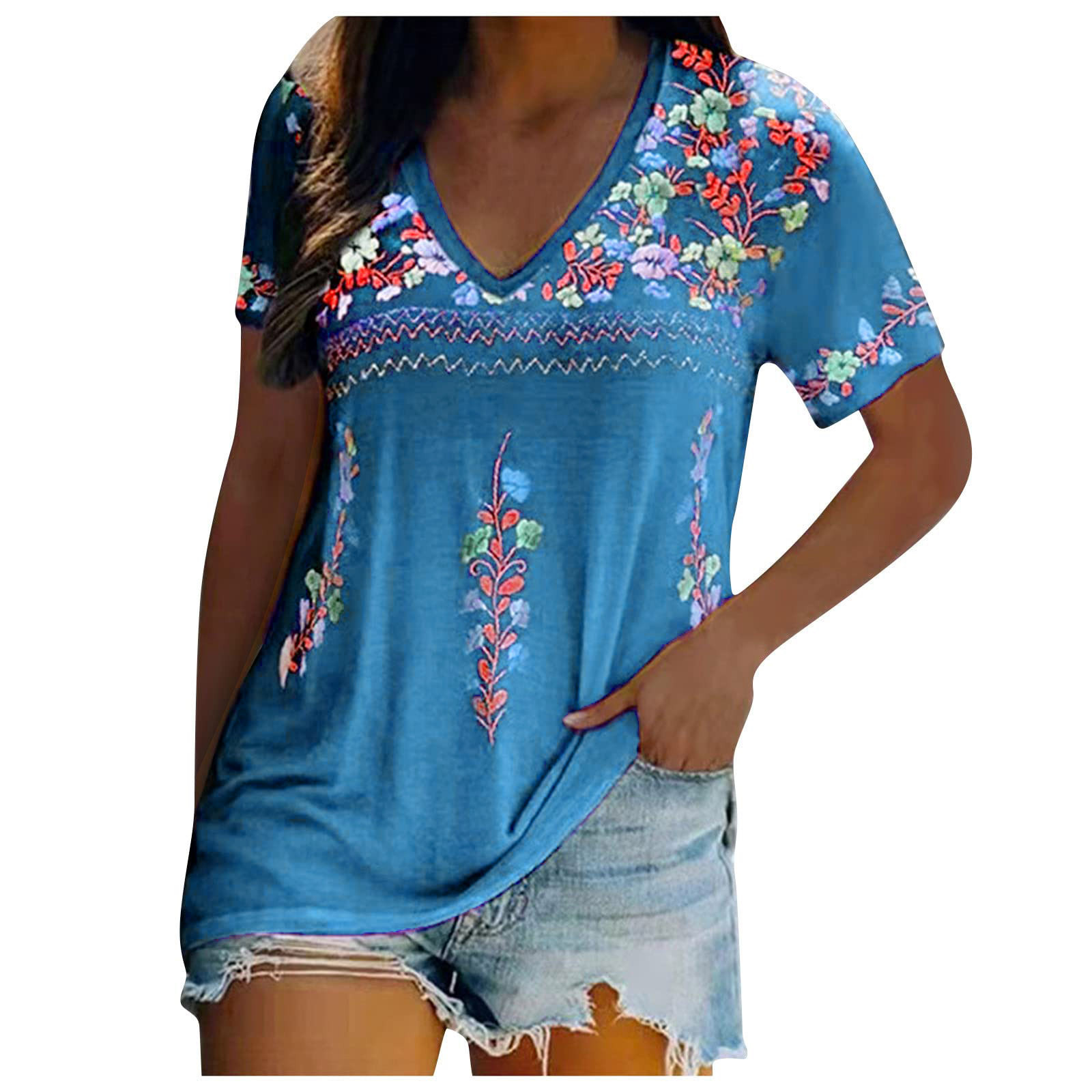 Women Mexican V Neck Shirt Embroidery Flower Pattern Short Sleeve Tee ...