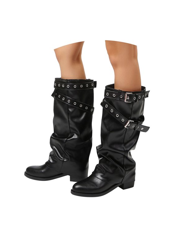 Women Mid-Calf Boots Autumn Winter Cowboy Low Heel Pull-On Casual Solid Daily Denim Matching Footwear