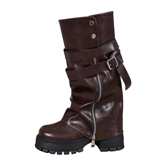 Women Mid Calf Boots Heel Fashion Buckle Round Toe Fall Winter Comfortable Platform Boots