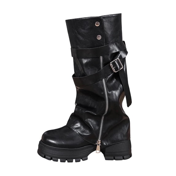Women Mid Calf Boots Heel Fashion Buckle Round Toe Fall Winter Comfortable Platform Boots