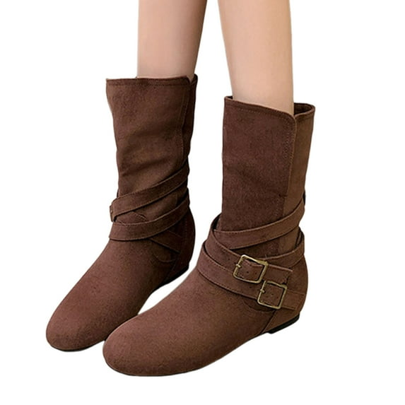Women Mid Calf Boots Suede Flat Ankle Boots Slouchy Round Toe Short Boots Fahion Low Chunky Heeled Riding Boot for Women Brown Size 6.5